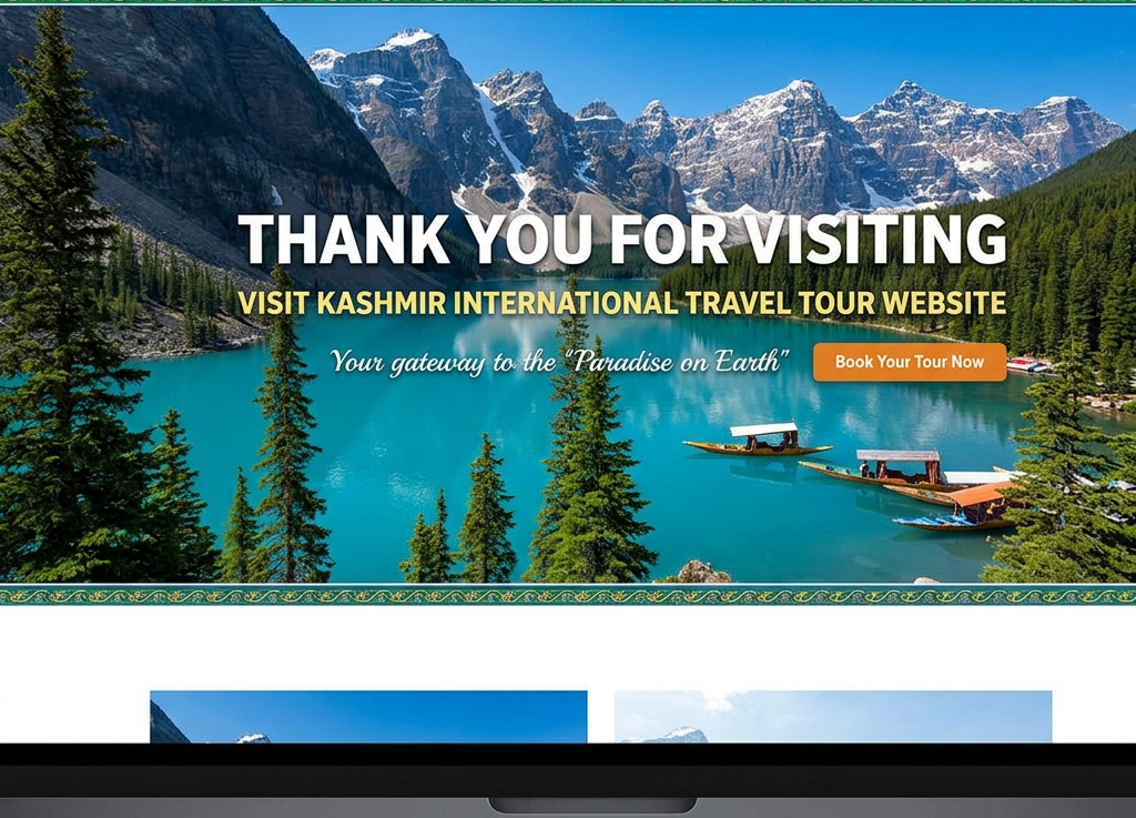 Laptop displaying Kashmir Travels website with text: HOME, TOURS, DESTINATIONS, GALLERY, ABOUT US, CONTACT, THANK YOU FOR VISITING, VISIT KASHMIR INTERNATIONAL TRAVEL TOUR WEBSITE, Your gateway to the “Paradise on Earth,” and Book Your Tour Now.